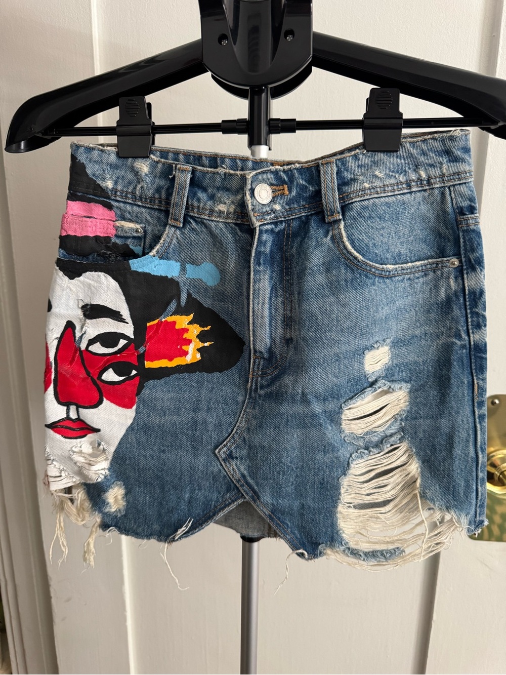 Zara Blue Denim Mini Skirt Shorts with Hand-Painted Multicolor Face